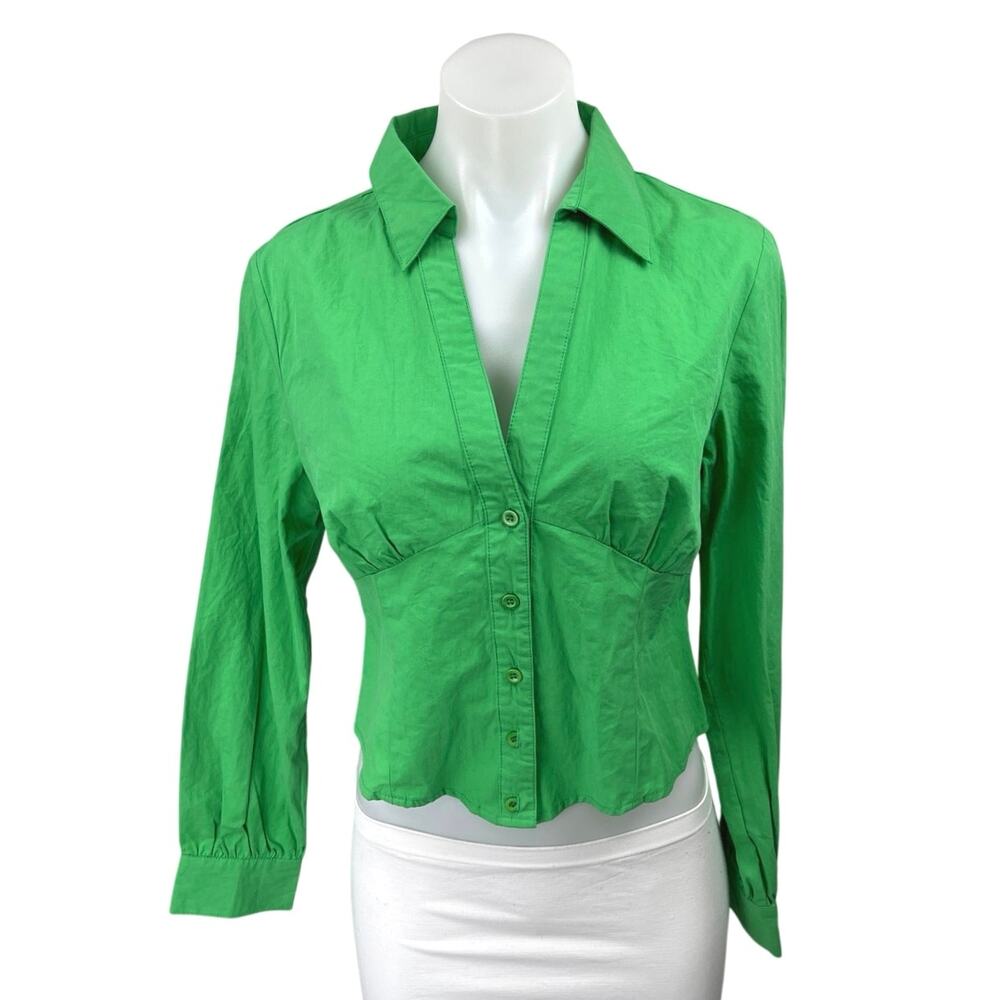Princess Polly Green Long Sleeve Collared V-neck Button Crop Shirt Blouse Top 6